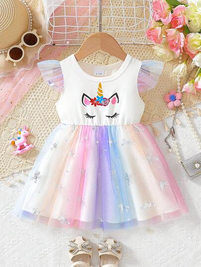 Babyflickor 0-3 år enhörningstema 1-delat set, enhörningsmönster i kombination med ombre tyllkjol, sött och elegant för babyflickor i åldern 0-3 att bära på vår/sommar, lämplig för festivaler, fester och familjesammankomster