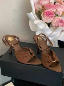 2025 Summer New Pointy Toe High Heel Slippers, Pleated Metal Buckle Design, Sexy Skinny Heel Women Shoes - Brown - View 3