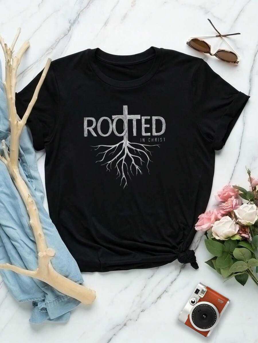Camiseta cristiana para mujer con diseño de cruz de árbol arraigado en Cristo - Camiseta de fe, regalo religioso, top casual de cuello redondo negro, suave mezcla de algodón - Negro - Ver 1