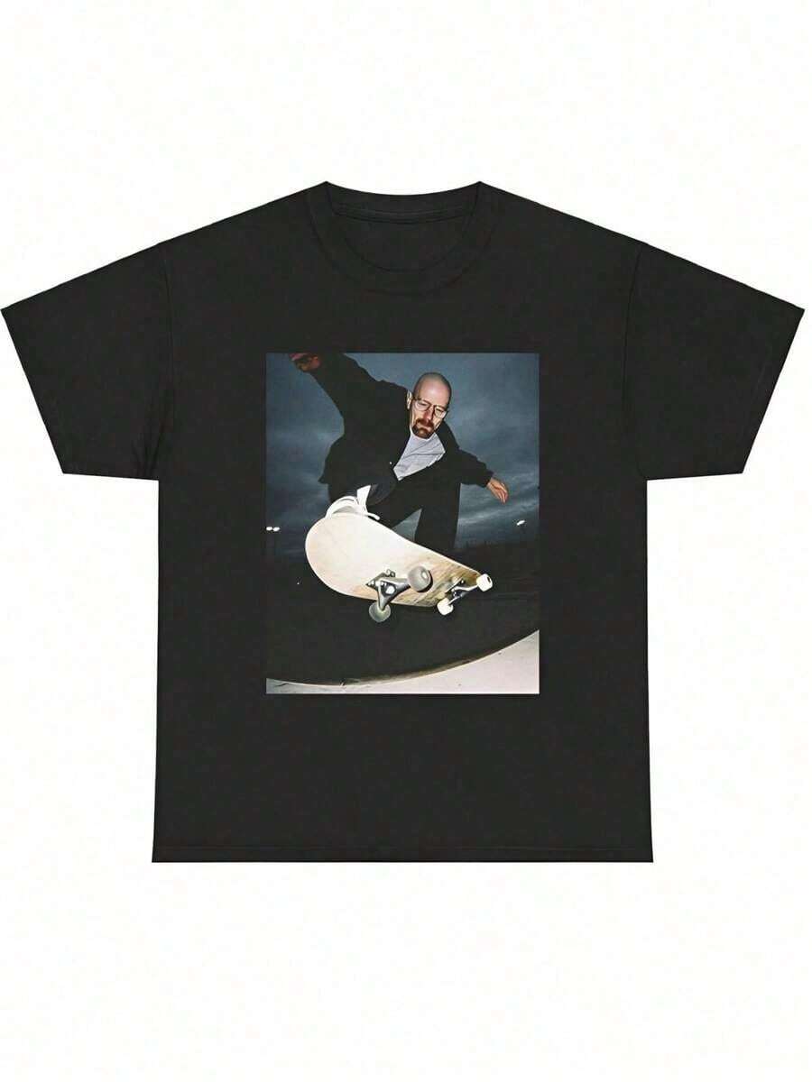 Plus Size Men's,Walter White Going Crazy On A Skateboard,(1 Pcs) 100% Cotton Casual Printed T-Shirt, Crew Neck Short Sleeve, 220g Cotton T-Shirt, For, Gift, Summer, Unisexfashionable Summer Unique Printed Pure Cotton T-Shirt - Black - View 1
