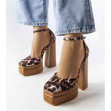 Modne, wodoodporne, platformowe, wysokie obcasy z nadrukiem w panterkę - Brązowy - Zobacz 2
