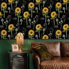 Papel tapiz floral autoadhesivo despegable y adherible de 45 x 30 cm, con diseño de girasoles, autoadhesivo, extraíble, estilo bohemio, ideal para baños. - Amarillo - Ver 2