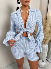 Conjunto de tres piezas de mujer de Amarilo de moda de verano con estampado de rayas de sol, top bandeau, camisa y shorts. Incluye un cinturón complementario para los shorts, adecuado para uso diario simple, commuting y salidas (estampado aleatorio)