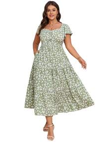 Yesfashion Women Plus Size Dress Short Sleeve Heart Neck Floral Dress - 綠色 - 查看 1