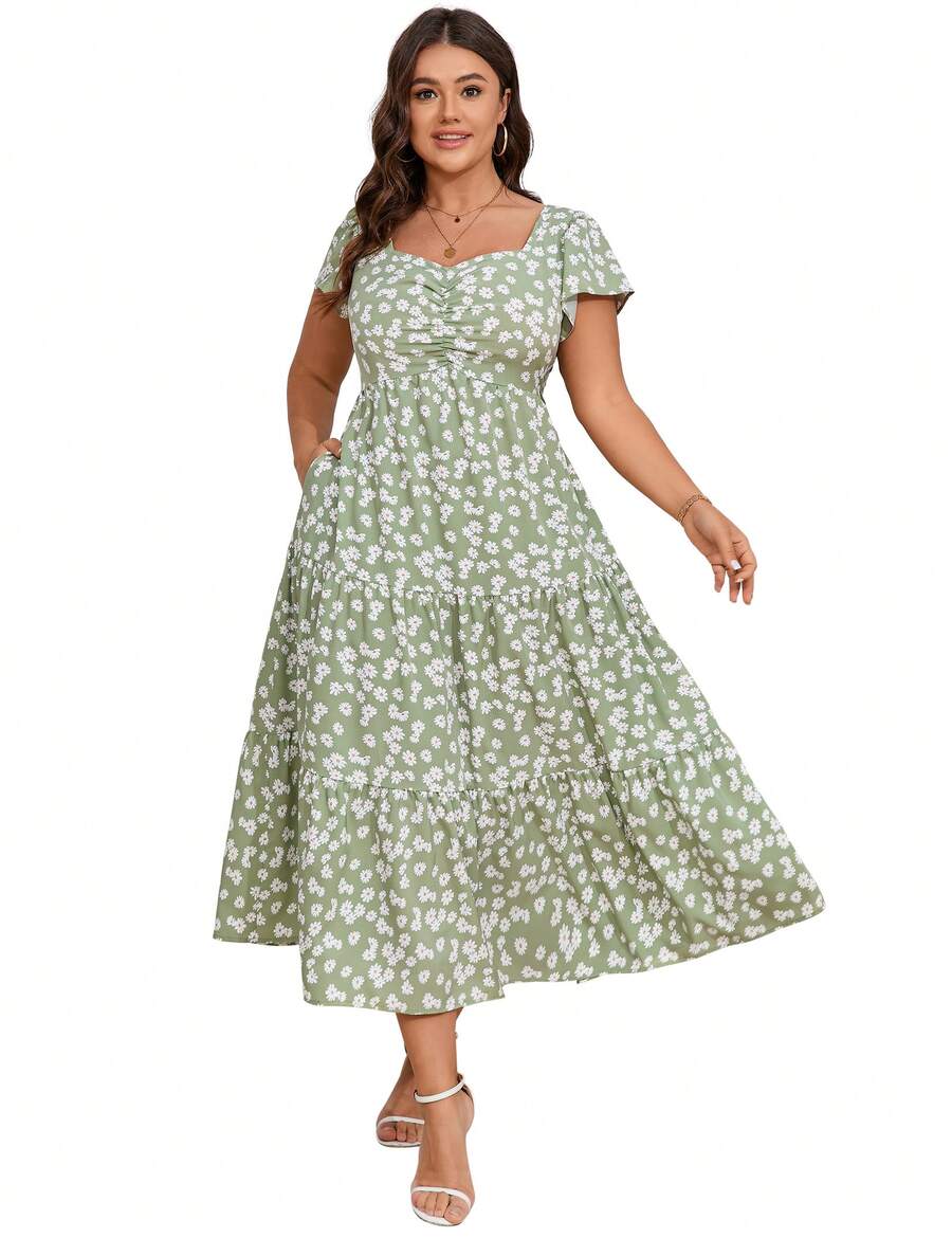 Yesfashion Women Plus Size Dress Short Sleeve Heart Neck Floral Dress - 綠色 - 查看 1