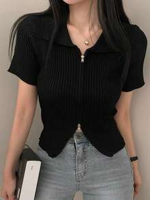 女式翻领双拉链罗纹修身针织衬衫上衣，夏季 - 黑色 - 查看 2