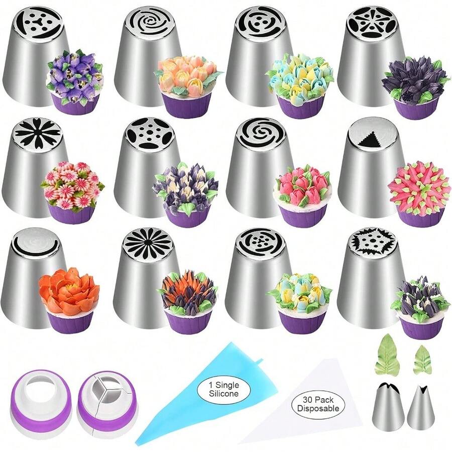 47 Pcs Russian Piping Tips Set, 12 Flower Frosting Nozzles Icing Tips For Cake Decorating Tips Kit, Baking Supplies For Cookie Cupcake, 2 Leaf Piping Tips 2 Couplers 30 Pastry Baking Bags - Silver - View 1
