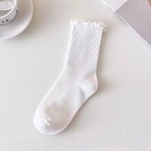 1/6 Pairs (Random Mix) Ladies Ruffled Trim Socks, Fashionable Korean Style Cute Casual Mid-Calf Socks Suitable For Autumn/Winter Outfits