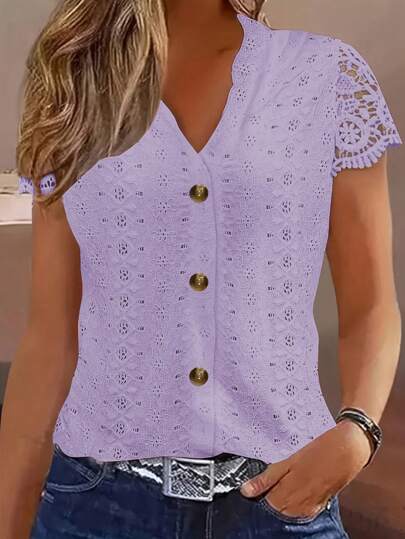 V-Neck Lace Patchwork Hollow-Out Embroidery Front-Button Spring/Summer Short Sleeve Blouse
