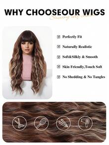 24 Inch Long Wavy Wigs With Bangs Brown Mixed Blonde Wigs For Women Brown Ombre Hair With Blonde Wigs,Heat-Resistant Synthetic Wigs For Daily Party Cosplay Wigs - 彩色 - 查看 7
