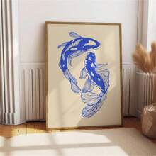 1 Stück Blauer Koi Fisch Leinwanddruck, japanisches retro Glück Wandkunst Poster für modernes Wohnzimmer, Schlafzimmer, Studentenwohnheim - Ideales Geschenk, Leinwandgemälde, Heimdekoration, optionaler Rahmen
