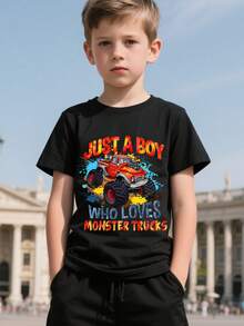 Young Boys' Casual Cartoon Monster & Car Print Short Sleeve T-Shirt - Black - View 3