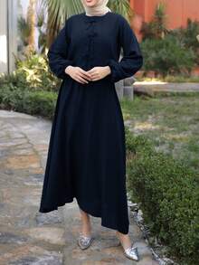 2pcs Muslim Women Loose Long Sleeve Top & Midi Skirt Set, Arab Style - Navy Blue - View 6