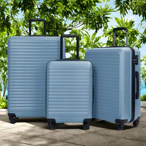 Ensemble de bagages 3 pièces, valise à roulettes extensible à coque rigide en ABS, ensemble de bagages à main avec 4 roulettes silencieuses à 360° et serrure TSA, bleu