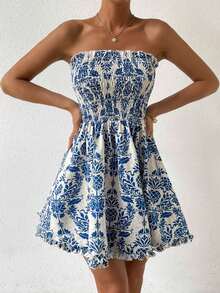 Las mujeres sexy bustier vestido bustier floral, vestido bustier de las mujeres, suave y cómodo, buena textura vestido de fiesta, fiesta, playa, fiesta de cumpleaños, vestido de tubo impreso, vacaciones y otras escenas son adecuadas para usar. - Azul - Ver 5