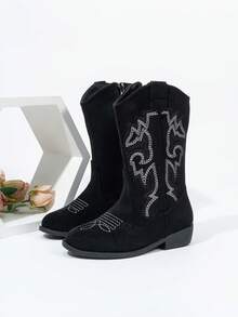 新款时尚个性化刺绣西部牛仔儿童靴，适合音乐节 - 黑色 - 查看 4