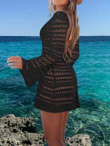 女士春夏沙滩装波西米亚风性感镂空露背长袖钩针罩衫太阳裙