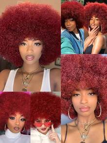 Afro Wig 14Inch And 8Inch Afro Wigs For Women 70s Afro Kinky Curly Wig Bouncy Huge Fluffy Puff Wigs Synthetic Hair For Cosplay Daily And Party - 酒紅色 - 查看 4