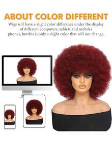 Afro Wig 14Inch And 8Inch Afro Wigs For Women 70s Afro Kinky Curly Wig Bouncy Huge Fluffy Puff Wigs Synthetic Hair For Cosplay Daily And Party - 酒紅色 - 查看 7