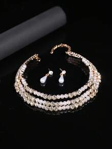 3pcs/Set Girls Fashion Elegant Pearls & Rhinestone Necklace Earrings Jewelry Set - Gold - View 1