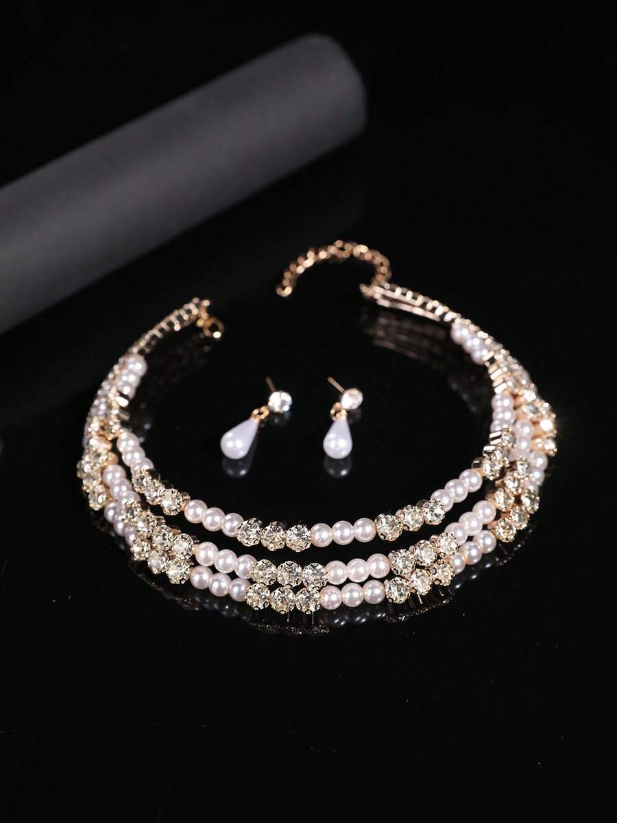 3pcs/Set Girls Fashion Elegant Pearls & Rhinestone Necklace Earrings Jewelry Set - Gold - View 1