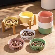陶瓷宠物慢食碗，狗狗防吞食碗，带双碗和升高木架，宠物食品和水碗，防止窒息和秃下巴，防滑宠物用品 - 彩色 - 查看 4