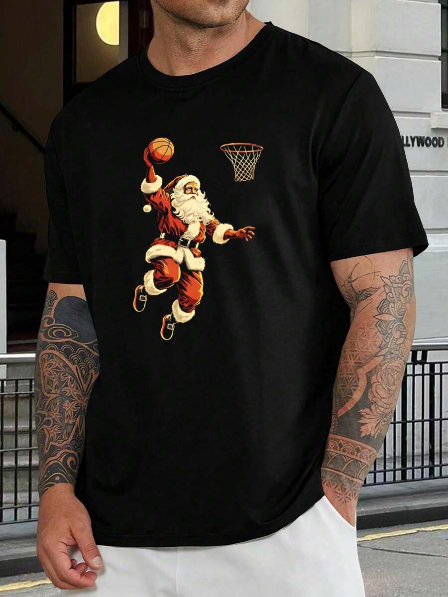 Camiseta navideña divertida de Santa Claus encestando una pelota de baloncesto para mujer y hombre - Regalo festivo de vacaciones, camiseta gráfica informal de algodón de manga corta, atuendo de invierno a la moda - Negro - Ver 1
