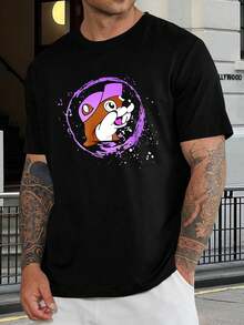 Camiseta de castor con grafiti de moda | Camiseta gráfica de animalitos lindos | Diseño de círculo morado | Estilo informal de verano para hombres y mujeres | Camiseta unisex de manga corta | Moda para adultos y adolescentes - Negro - Ver 1