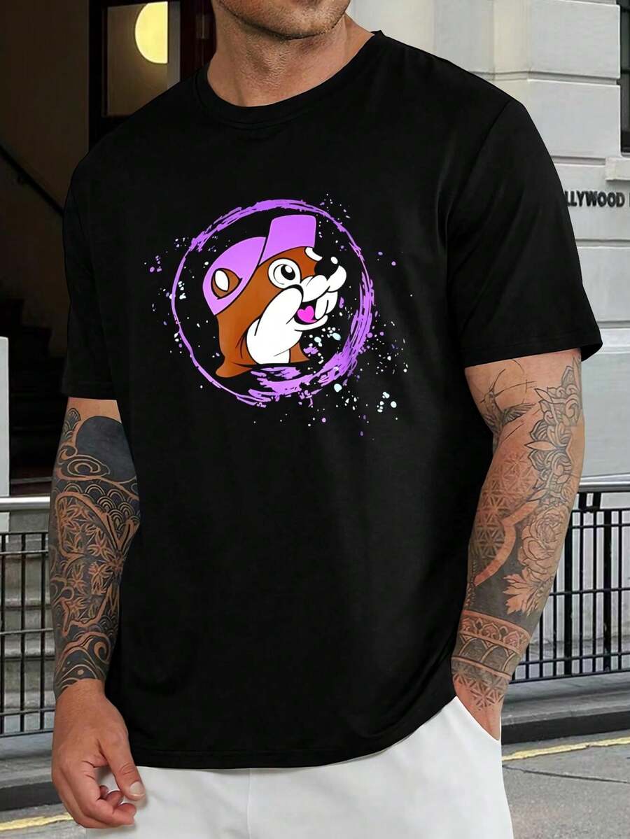 Camiseta de castor con grafiti de moda | Camiseta gráfica de animalitos lindos | Diseño de círculo morado | Estilo informal de verano para hombres y mujeres | Camiseta unisex de manga corta | Moda para adultos y adolescentes - Negro - Ver 1