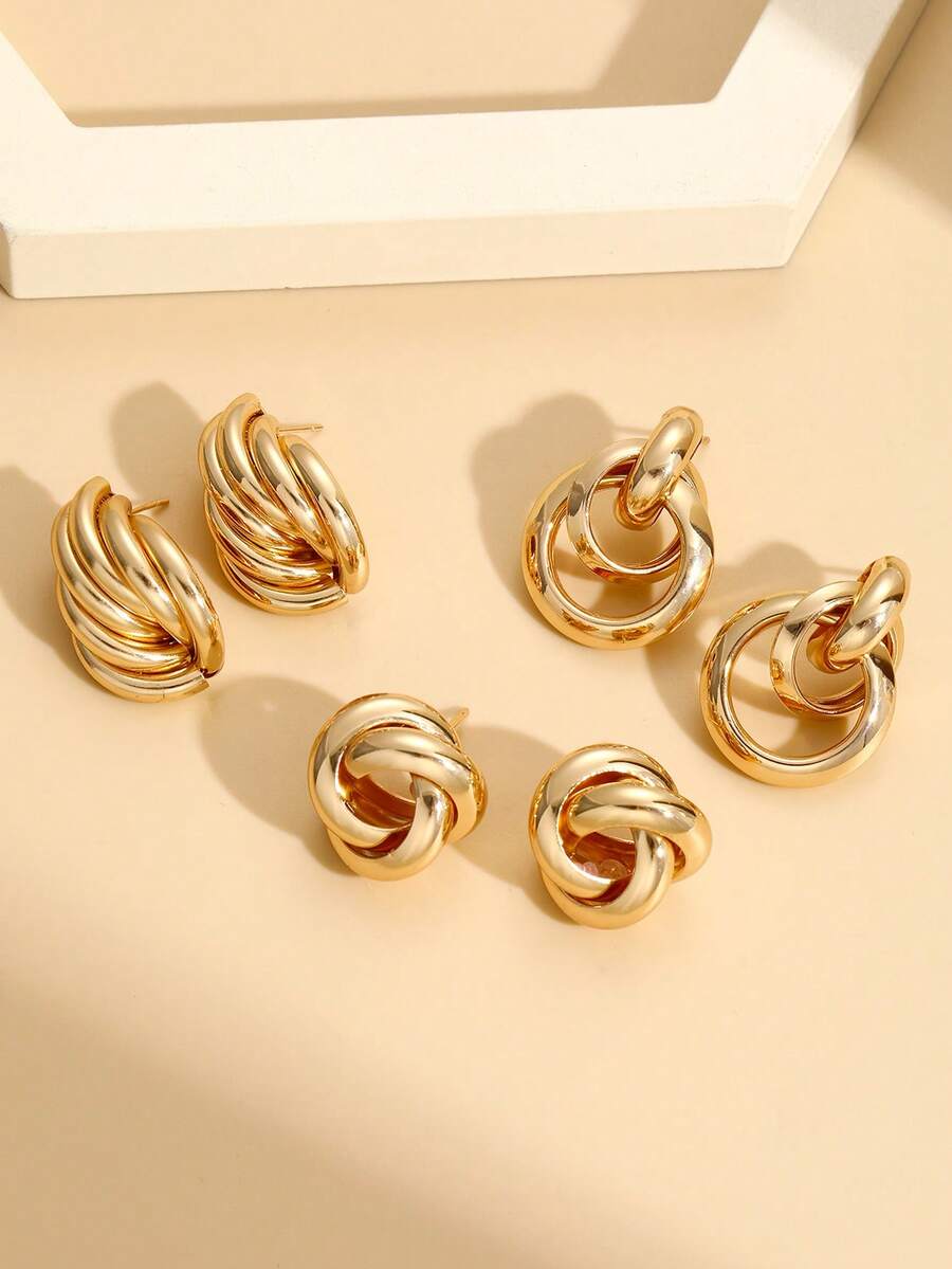 17KM Set 6 buah Anting Hoop Bulat Minimalis dengan Desain Putar, Aksesori Modis Serbaguna untuk Pesta, Kencan, Hadiah, dan Pemakaian Sehari-hari - Yellow Gold - View 1