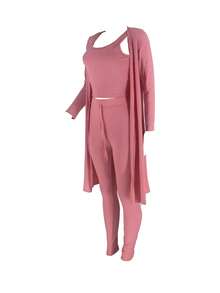 Casual Ribbed 3-Piece Set, Crop Top+High Waisted Drawstring Pants+Long Cardigan, Women's Clothing - 粉色 - 查看 3