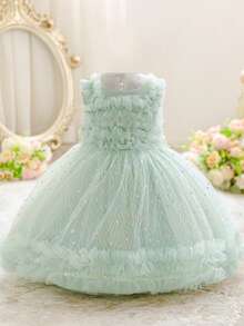 Vestido de princesa elegante sin mangas de unicolor con decoración de lentejuelas, estilo coreano para fiesta de niñas - Verde - Ver 2