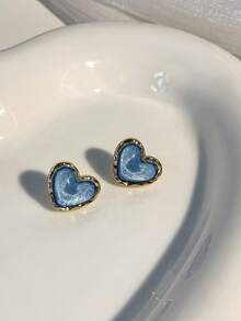 1 对复古优雅小巧猫眼心形耳环，简约设计耳环 - 淺藍色 - 查看 3