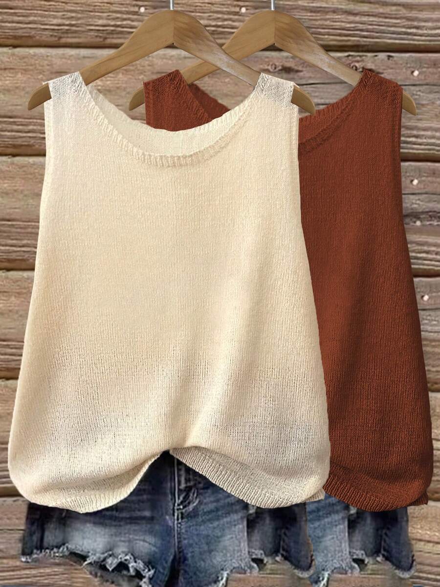 2pcs/Set Solid Color Round Neck Semi-Sheer Minimalist Casual Loose Knit Vest Vacation Beach - Apricot Brown - View 1