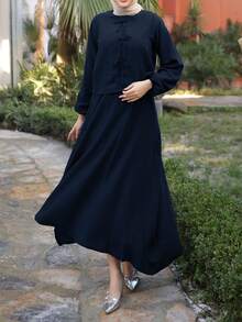 2pcs Muslim Women Loose Long Sleeve Top & Midi Skirt Set, Arab Style - Navy Blue - View 3