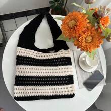 1 New Luxury Crocheted Tote Bag For Women, Open Weave Black & White Striped Contrasting Color Large Capacity Foldable Beach Bag, Suitable For Summer Beach Travel And Single's Party Gifts