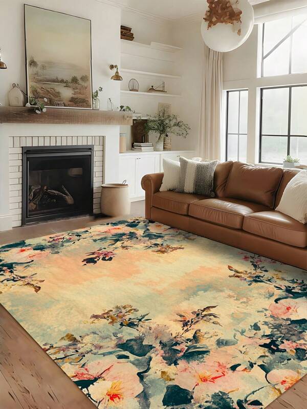 1 peça tapete lavável estilo pintura floral vintage de lã sintética de alta densidade + TPR, 0,6 cm de espessura, carpete de pelúcia exuberante com padrão botânico, adequado para áreas externas, entrada, sala de estar, quarto, lavanderia, banheiro, tapete grande lavável para todas as estações, decoração de casa