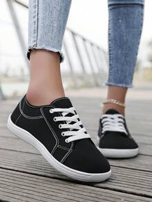 Barefoot Shoes For Men Women Wide Toe Box Cross Training Shoes, Zero Drop Minimalist Unisex Fashion Sneaker, Wide Width Canvas Lace-Up Shoes - Black and White - View 2