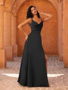 MOEVIO Sexy Spaghetti Straps Sweetheart Neck Draped Split Thigh Backless Formal Wedding Guest Party Dress Bride Shower Birthday Graduation Dress, Luxury Evening Dresses For Women, Birthday Women Outfits, Fall Back To School Gown - Black - View 4