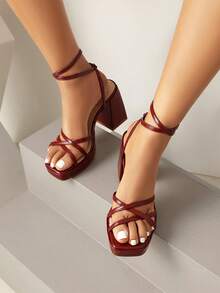 Reitoye Summer Women's Platform Strappy Heels Sandals Prom Square Toe Chunky Heel Ankle Strap Gold Heels Wedding Shoes - Đỏ Burgundy - Xem 5