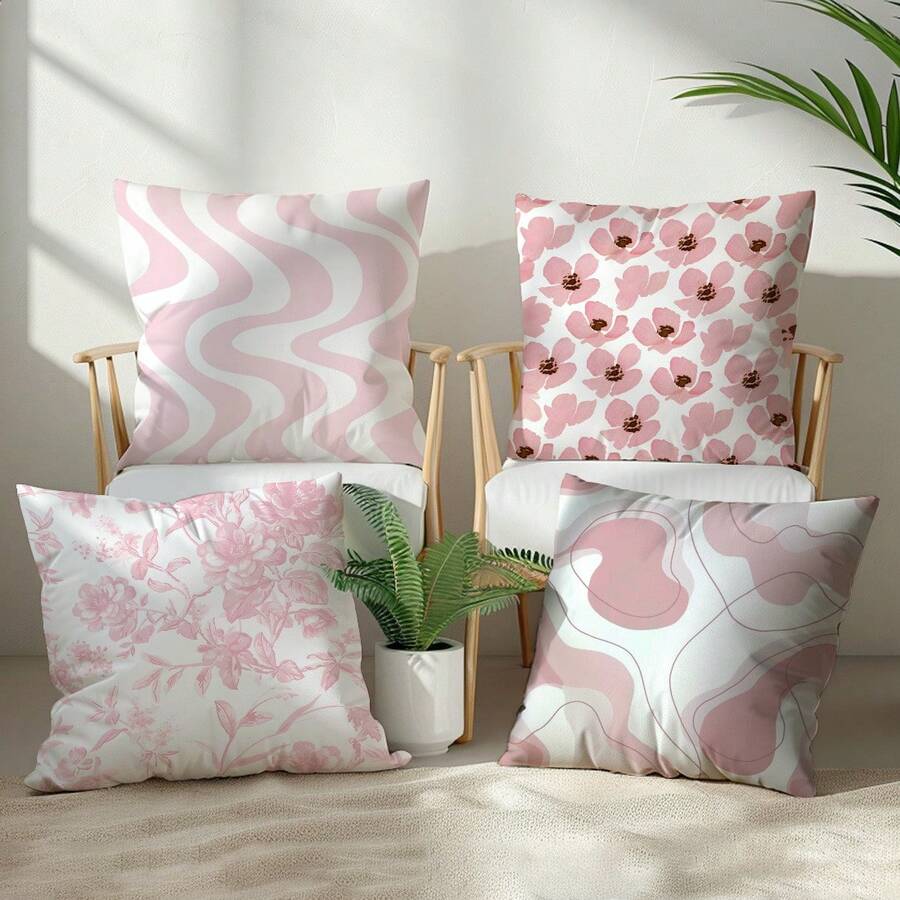 4pcs Set Green Minimalist Daily Use Pink Floral Geometric Pattern Throw Pillow Cover, Single-Sided Printed Peach Velvet Fabric, 45*45cm/18*18inch Cushion Cover For Modern Sofa, Indoor Decor, Party Decor, Gift - Multicolor - View 1