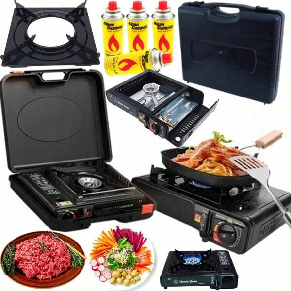 Fogão de acampamento portátil com estojo de transporte, sistema de ignição automática para fogão de acampamento, placa de grelha externa, fogão compacto a gás butano, fogão para churrasco e caravana ao ar livre