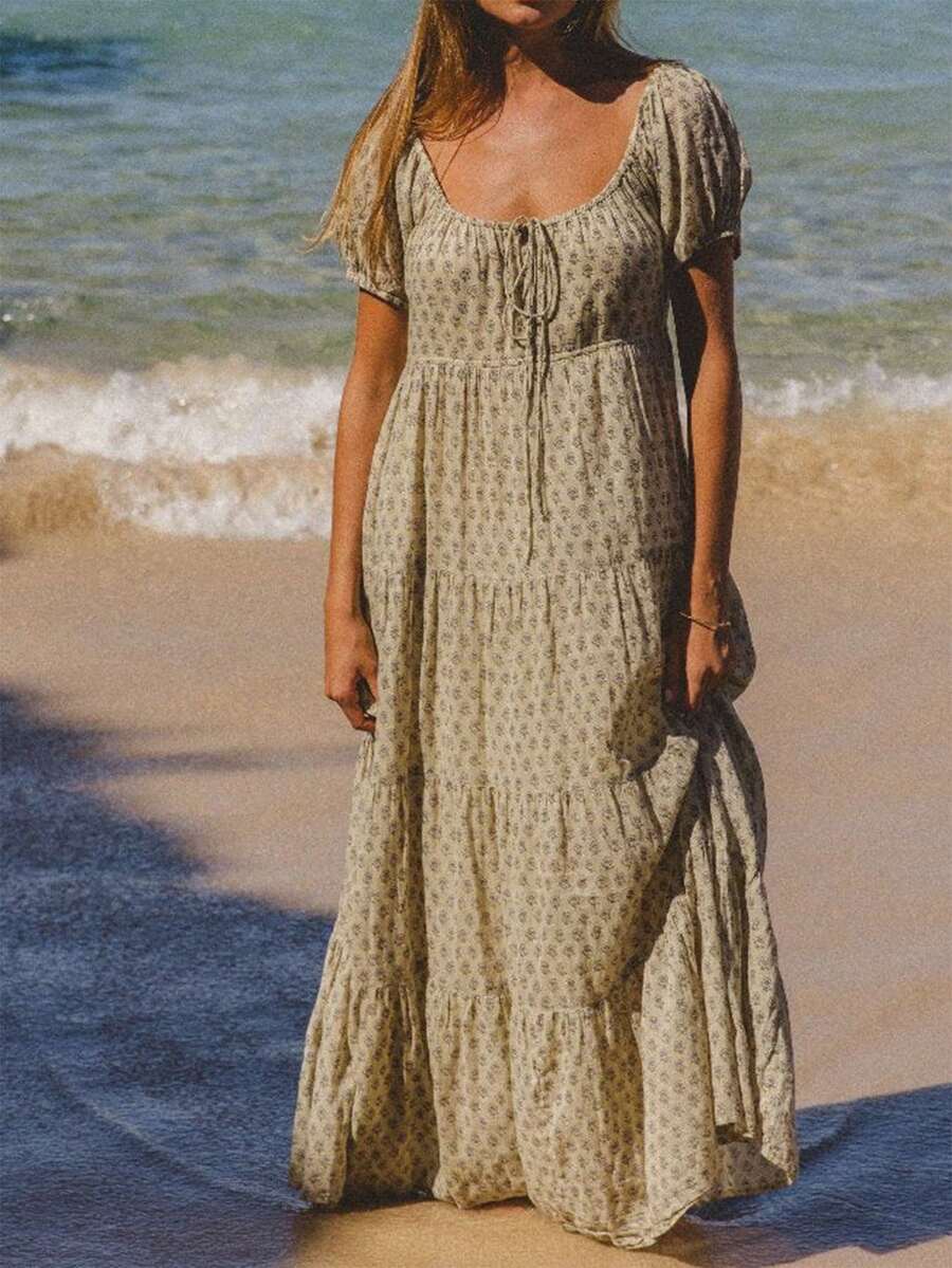 Women Boho Floral Maxi Dresses Summer Puff Sleeve Self-Tie Square Neck Beach Swing Tiered Casual Flowy Long Dress - màu xanh lá - Xem 1