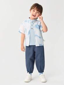 Balabala Young Boy Short Sleeve Set 2025 Summer New Boys' Chinese Style Tang Suit Buttoned - Blue Tint - View 1