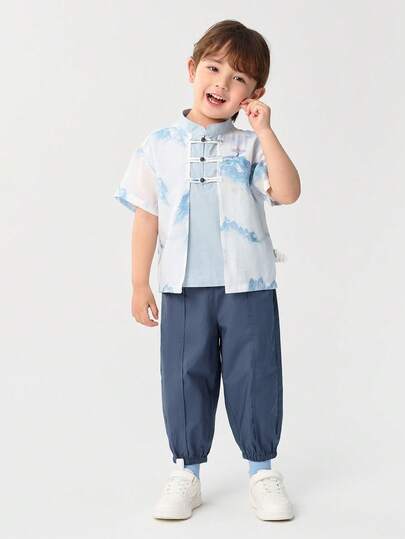 Balabala Young Boy Short Sleeve Set 2025 Summer New Boys' Chinese Style Tang Suit Buttoned
