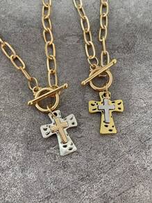1PC Retro Boho Cross Pendant Necklace Chunky Statement Pendant Necklace For Women Unique Silvery Golden Chain Necklace Religious Christian Cross Daily Party Jewelry Gift For Her