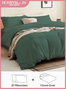 2/3 件套纯色床上用品套装，包含 1 个被套和 1/2 个枕套，完美适配单人床、双人床、大号床和特大号床，四季皆宜，通过 Oeko-Tex 认证 - 墨綠色 - 查看 1