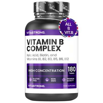 Vitastrong High Strength Vitamin B Complex – 180 Tablets With Biotin, Thiamine B1, Riboflavin B2, Niacin B3, B5, B6, B12 And Folic Acid