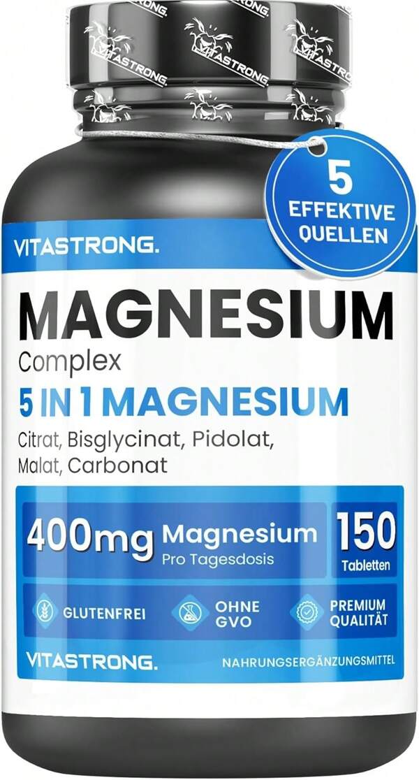 Vitastrong Komplette Magnesiumtabletten, 400 mg pro Dosis, 5 Magnesiumquellen, Bisglycinat, Citrat, Malat, Pidolat, Carbonat, gluten- und gentechnikfreie Magnesium-Ergänzungstabletten, Premiumqualität