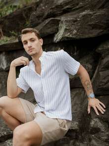 Men's Short Sleeve Shirt With Priest Collar Premium Quality Light And Fresh Fabric Easy To Iron - 彩色 - 查看 6